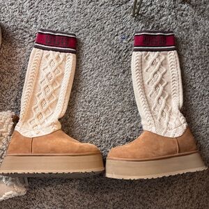 UGG Chestnut Suede and Cream Cable Knit Boots